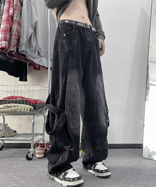 Ressaca(レサーカ)の「ダメージ加工サイドベルトデニムパンツ(デニムパンツ・メンズ・ブラック/ブルー・M/XL/L)」の5枚目の写真