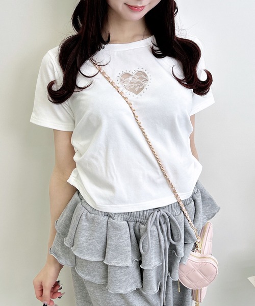 INGNI(イング)の「ハートレース抜きサイドギャザーTシャツ(Tシャツ/カットソー・レディース・オフホワイト/ライトピンク/ブラック・M)」の4枚目の写真