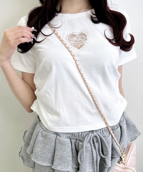 INGNI(イング)の「ハートレース抜きサイドギャザーTシャツ(Tシャツ/カットソー・レディース・オフホワイト/ライトピンク/ブラック・M)」の5枚目の写真