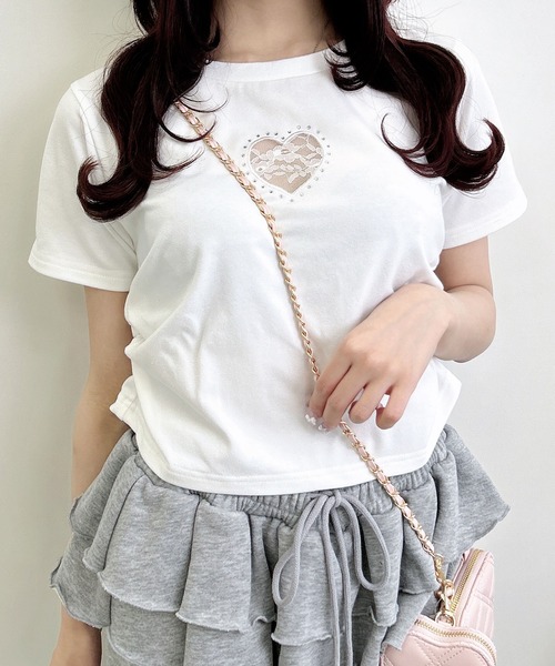 INGNI(イング)の「ハートレース抜きサイドギャザーTシャツ(Tシャツ/カットソー・レディース・オフホワイト/ライトピンク/ブラック・M)」の6枚目の写真