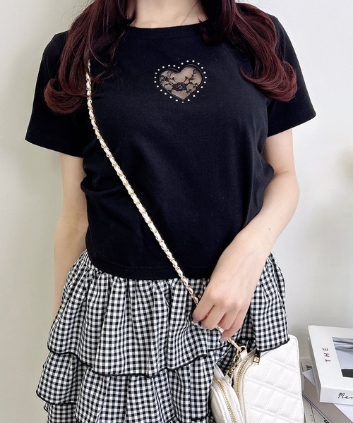 INGNI(イング)の「ハートレース抜きサイドギャザーTシャツ(Tシャツ/カットソー・レディース・オフホワイト/ライトピンク/ブラック・M)」の11枚目の写真