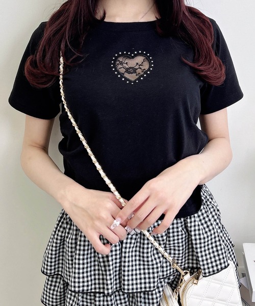 INGNI(イング)の「ハートレース抜きサイドギャザーTシャツ(Tシャツ/カットソー・レディース・オフホワイト/ライトピンク/ブラック・M)」の12枚目の写真
