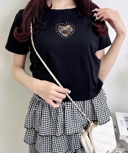 INGNI(イング)の「ハートレース抜きサイドギャザーTシャツ(Tシャツ/カットソー・レディース・オフホワイト/ライトピンク/ブラック・M)」の13枚目の写真