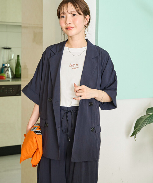 FREAK'S STORE(フリークスストア)の「限定展開 ナイロン ワッシャー 半袖 ダブルジャケット(その他アウター・レディース・ブラック/ブルーグリーン/ベージュ/ネイビー/ブラウン・フリ-)」の16枚目の写真