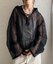She's Closet（シーズクローゼット）の「フード付き オーバーサイズ 編み上げ シアー メッシュトップス パーカー（パーカー）」