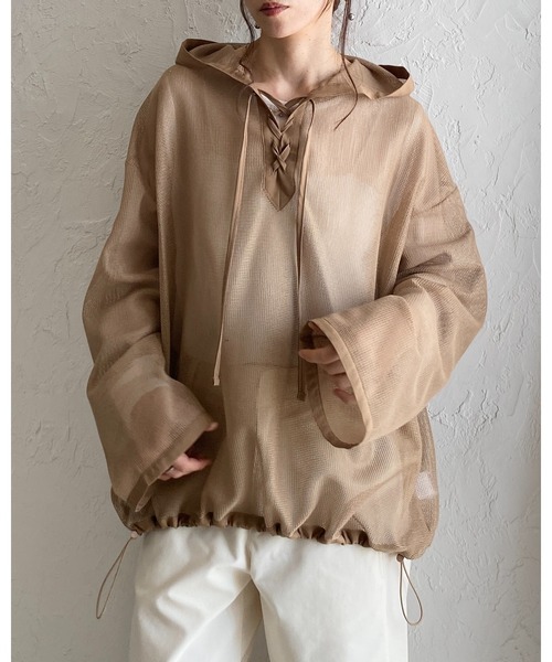 She's Closet(シーズクローゼット)の「フード付き オーバーサイズ 編み上げ シアー メッシュトップス パーカー(パーカー・レディース・ホワイト/ブラック/ベージュ・FREE)」の7枚目の写真