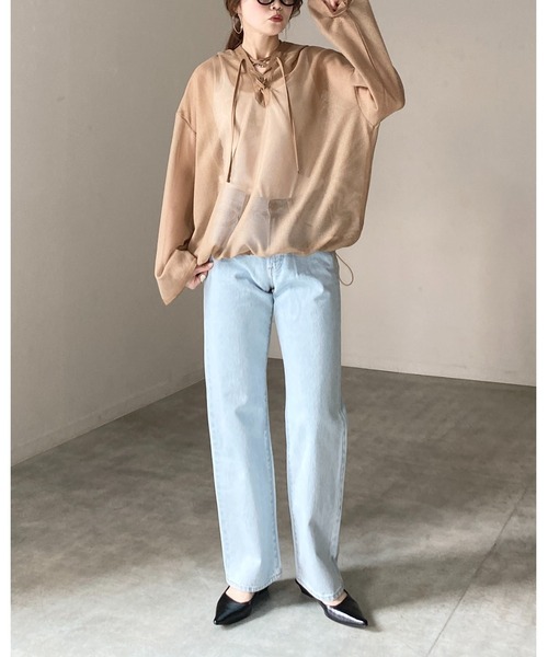 She's Closet(シーズクローゼット)の「フード付き オーバーサイズ 編み上げ シアー メッシュトップス パーカー(パーカー・レディース・ホワイト/ブラック/ベージュ・FREE)」の22枚目の写真