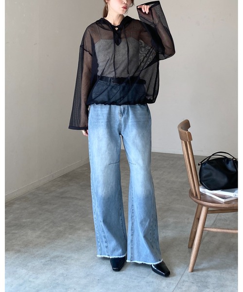 She's Closet(シーズクローゼット)の「フード付き オーバーサイズ 編み上げ シアー メッシュトップス パーカー(パーカー・レディース・ホワイト/ブラック/ベージュ・FREE)」の16枚目の写真