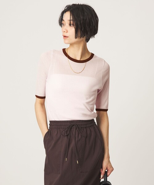 green label relaxing(グリーンレーベルリラクシング)の「シアー リンガー Tシャツ(Tシャツ/カットソー・レディース・ダークグレー/ピンク/オフホワイト・FREE)」の1枚目の写真