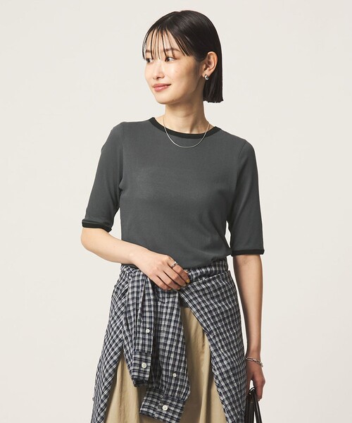 green label relaxing(グリーンレーベルリラクシング)の「シアー リンガー Tシャツ(Tシャツ/カットソー・レディース・ダークグレー/ピンク/オフホワイト・FREE)」の4枚目の写真