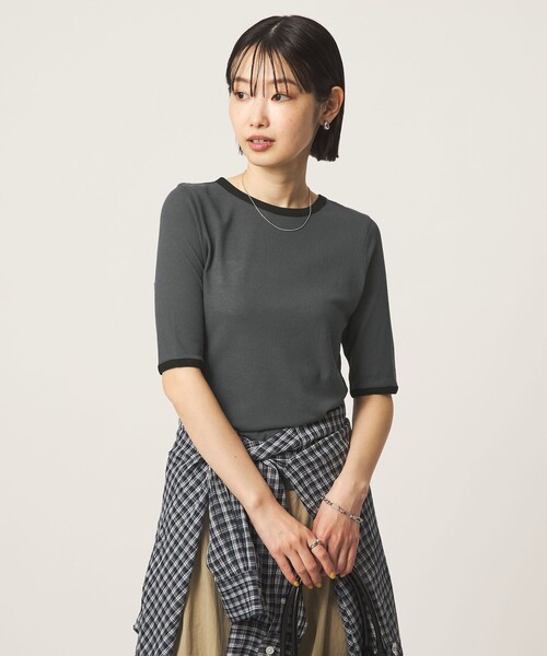 green label relaxing(グリーンレーベルリラクシング)の「シアー リンガー Tシャツ(Tシャツ/カットソー・レディース・ダークグレー/ピンク/オフホワイト・FREE)」の5枚目の写真