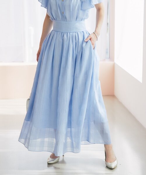 La boutique BonBon(ラブティックボンボン)の「【セットアップ可・清涼感・お上品】シアーチェックギャザーロングスカート(スカート・レディース・サックスブルー/オフホワイト・PS/FREE)」の10枚目の写真