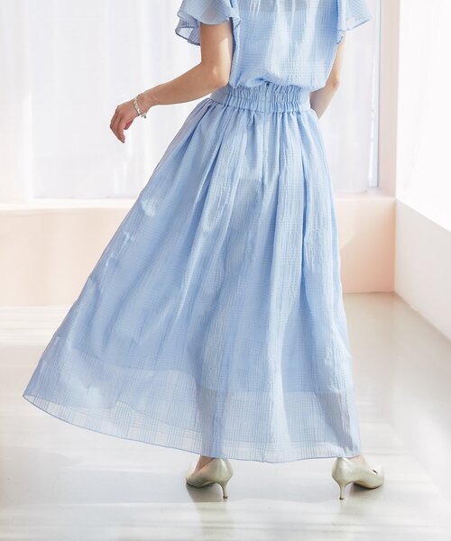 La boutique BonBon(ラブティックボンボン)の「【セットアップ可・清涼感・お上品】シアーチェックギャザーロングスカート(スカート・レディース・サックスブルー/オフホワイト・PS/FREE)」の13枚目の写真