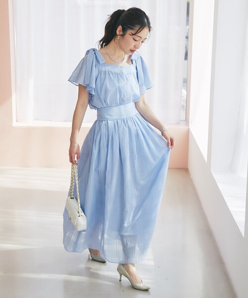 La boutique BonBon(ラブティックボンボン)の「【セットアップ可・清涼感・お上品】シアーチェックギャザーロングスカート(スカート・レディース・サックスブルー/オフホワイト・PS/FREE)」の15枚目の写真