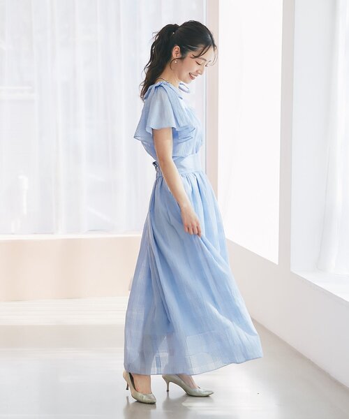 La boutique BonBon(ラブティックボンボン)の「【セットアップ可・清涼感・お上品】シアーチェックギャザーロングスカート(スカート・レディース・サックスブルー/オフホワイト・PS/FREE)」の17枚目の写真