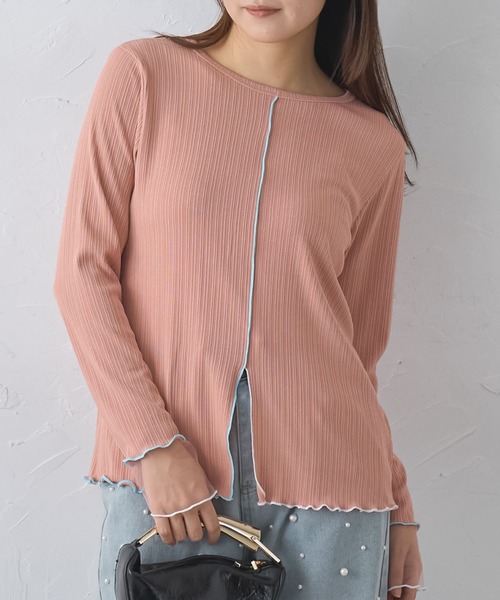 each(イーチ)の「袖口シアー配色メロートップス(Tシャツ/カットソー・レディース・オフホワイト/ミント/ピンク/ブラック・FREE)」の4枚目の写真
