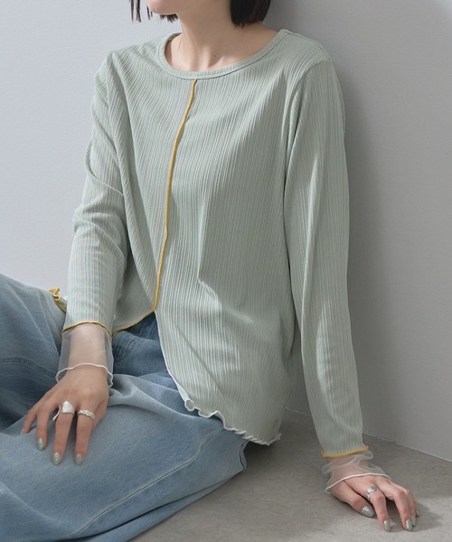 each(イーチ)の「袖口シアー配色メロートップス(Tシャツ/カットソー・レディース・オフホワイト/ミント/ピンク/ブラック・FREE)」の3枚目の写真