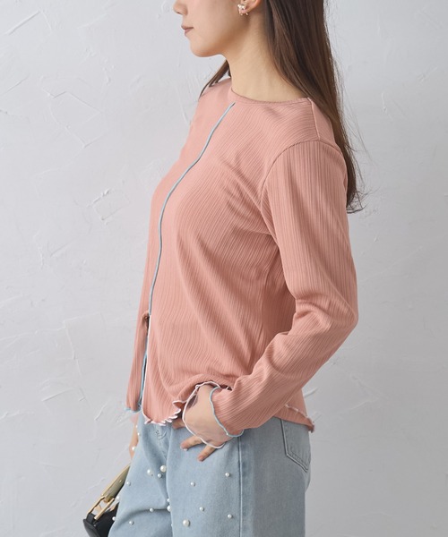 each(イーチ)の「袖口シアー配色メロートップス(Tシャツ/カットソー・レディース・オフホワイト/ミント/ピンク/ブラック・FREE)」の6枚目の写真