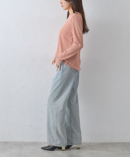 each(イーチ)の「袖口シアー配色メロートップス(Tシャツ/カットソー・レディース・オフホワイト/ミント/ピンク/ブラック・FREE)」の12枚目の写真