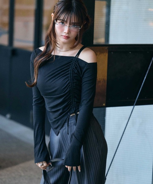 muet.（ミュエ）の「オフショルドロストトップス（Tシャツ/カットソー・レディース・杢グレー/ブラック・MEDIUM/LARGE）」の6枚目の写真