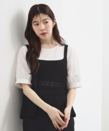 【2点SET】着るだけで完成、透かし編みニットビスチェ×ブラウス