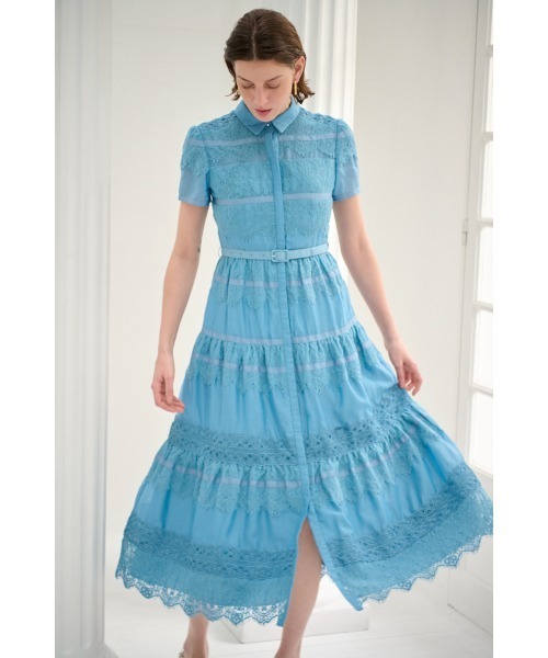 Estella.K(エステラケー)の「Rebecca Border Lace Dress ボーダーレースシアーシャツドレス(ワンピース・レディース・ブルー/ネイビー/ホワイト・FREE)」の1枚目の写真