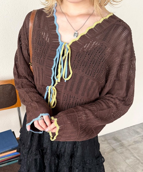 DOUBLE NAME(ダブルネーム)の「【推し活にもおすすめ】配色リボンレースニットカーデ(カーディガン/ボレロ・レディース・ネイビー/オフホワイト/グレー/ホワイト/ブラック/ブラウン・FREE)」の18枚目の写真