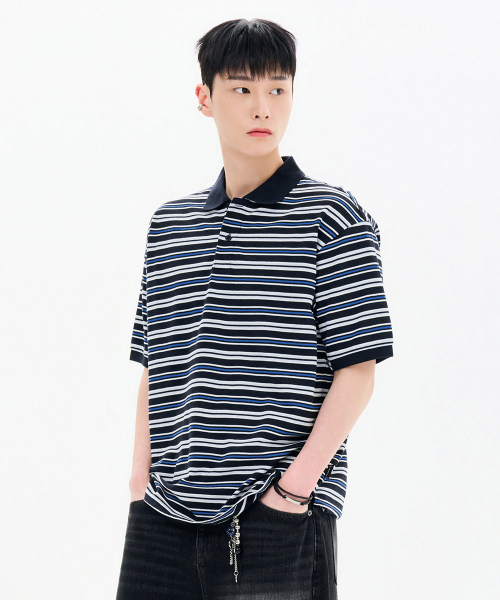CHASECULT（チェイスカルト）の「メンズストライプ半袖カラーTシャツ-FBRK5712D04（ポロシャツ・メンズ・ネイビー・95/100/105）」の2枚目の写真