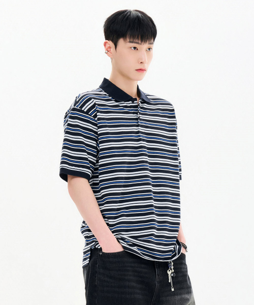 CHASECULT（チェイスカルト）の「メンズストライプ半袖カラーTシャツ-FBRK5712D04（ポロシャツ・メンズ・ネイビー・95/100/105）」の3枚目の写真