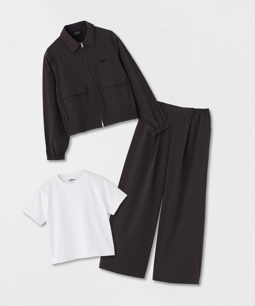 THOUSAND MILE（サウザンドマイル）の「[L's]ジップブルゾン,Tシャツ,パンツ<3点セット>T/C JERSEY + NY/PU<撥水、４WAYストレッチ、UVカット>（セットアップ・レディース・ブラック/ネイビー/ライトブラウン/チャコールグレー・FREE）」の2枚目の写真