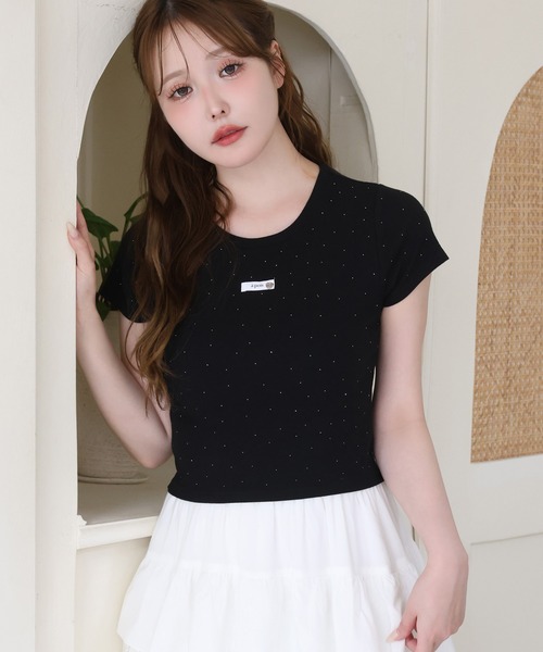 one after another NICE CLAUP(ワンアフターアナザーナイスクラップ)の「キラキラコンパクトTシャツ(Tシャツ/カットソー・レディース・ピンク/サックスブルー/ブラック/オフホワイト・FREE)」の3枚目の写真