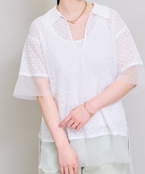 LHELBIE（レルビエ）の「スキッパーレースシャツ（Tシャツ/カットソー・レディース・ブラック/オフホワイト・M）」の2枚目の写真