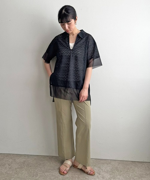 LHELBIE（レルビエ）の「スキッパーレースシャツ（Tシャツ/カットソー・レディース・ブラック/オフホワイト・M）」の7枚目の写真
