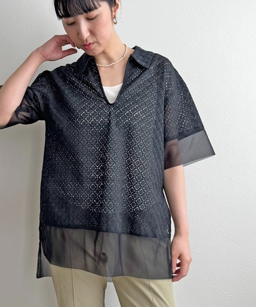 LHELBIE（レルビエ）の「スキッパーレースシャツ（Tシャツ/カットソー・レディース・ブラック/オフホワイト・M）」の22枚目の写真