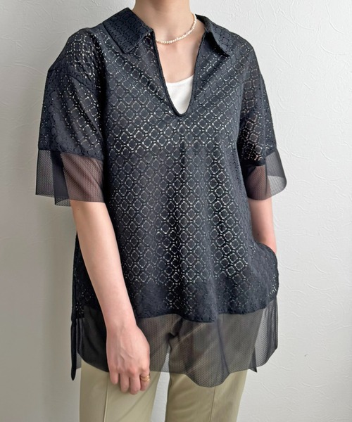 LHELBIE（レルビエ）の「スキッパーレースシャツ（Tシャツ/カットソー・レディース・ブラック/オフホワイト・M）」の21枚目の写真