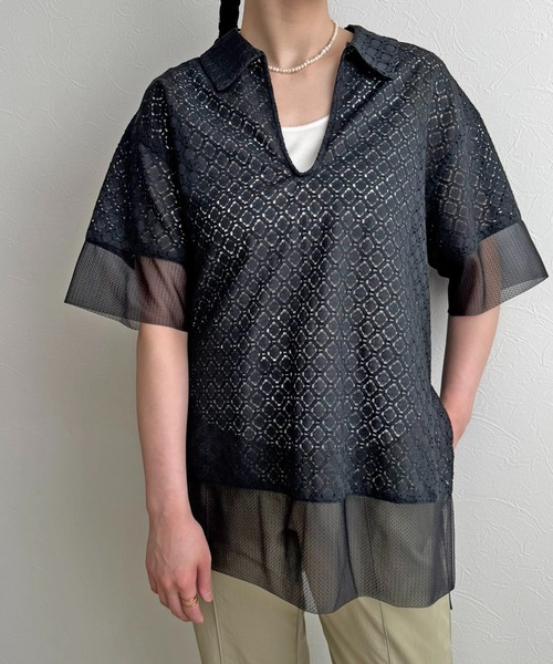 LHELBIE（レルビエ）の「スキッパーレースシャツ（Tシャツ/カットソー・レディース・ブラック/オフホワイト・M）」の6枚目の写真