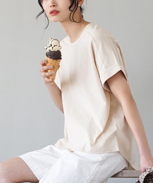 zootie（ズーティー）の「汗しみない Tシャツ［ワイドシルエット］（Tシャツ/カットソー・レディース・杢グレー/ダークカーキ/レッド系その他/ライトオレンジ系/ライトカーキ/ラベンダー/モカ/グレイッシュブルー/イエロー系その他/ブラック/ネイビー/オフホワイト/アイボリー・M-L）」の3枚目の写真