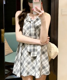 チェック柄ノースリーブチュニック丈ワンピース