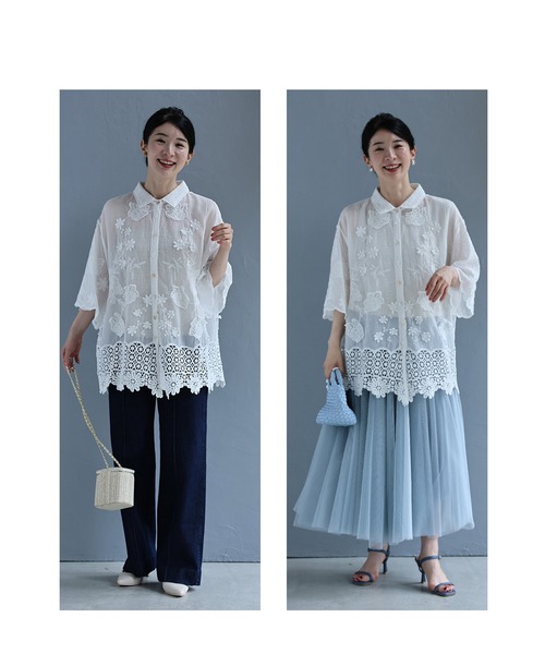 cawaii(カワイイ)の「ぐるり囲むクロシェ裾のふんわり立体花シャツトップス(シャツ/ブラウス・レディース・ホワイト・FREE)」の6枚目の写真