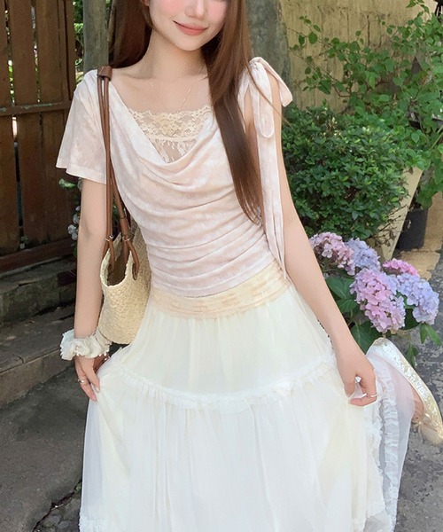 2ly2(トゥーリートゥー)の「ドレープネック オフショルダー風ギャザー半袖トップス(Tシャツ/カットソー・レディース・ピンク/グリーン・FREE)」の8枚目の写真