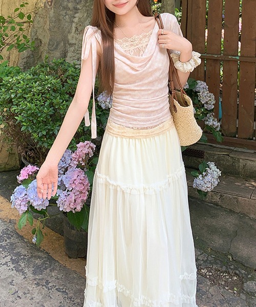 2ly2(トゥーリートゥー)の「ドレープネック オフショルダー風ギャザー半袖トップス(Tシャツ/カットソー・レディース・ピンク/グリーン・FREE)」の9枚目の写真