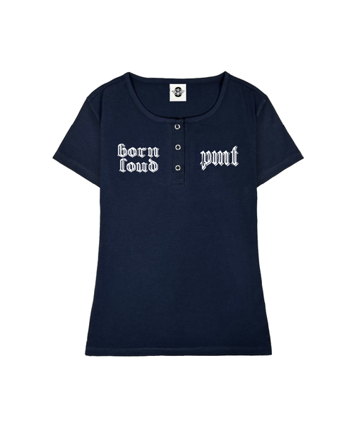 PRIMATE(プライメイト)の「BORN UネックスリムフィットボタンTシャツ 3 COLORS(Tシャツ/カットソー・レディース・ホワイト/ブラック/ネイビー・SMALL/MEDIUM)」の3枚目の写真