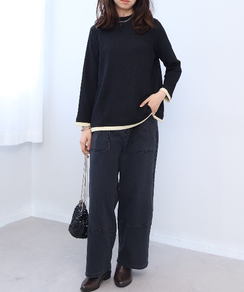 leswel(レスウェル)の「【M~5L】シャーリングバイカラーカットソー(Tシャツ/カットソー・レディース・ブラウン/グリーン/ブラック・M/5L/4L/3L/LL/L)」の5枚目の写真