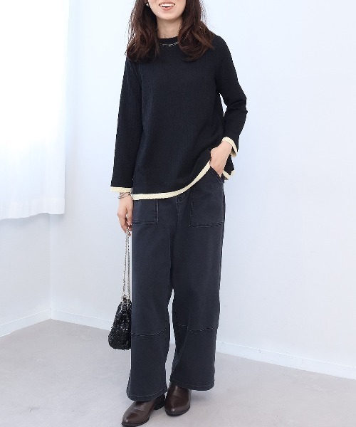 leswel(レスウェル)の「【M~5L】シャーリングバイカラーカットソー(Tシャツ/カットソー・レディース・ブラウン/グリーン/ブラック・M/5L/4L/3L/LL/L)」の6枚目の写真