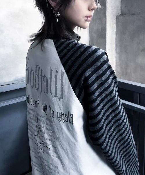 FreeZone（フリーゾーン）の「ゴシックプリント ボーダーラグラン長袖 T シャツ（Tシャツ/カットソー・レディース・ホワイト/ブラック・F）」の14枚目の写真