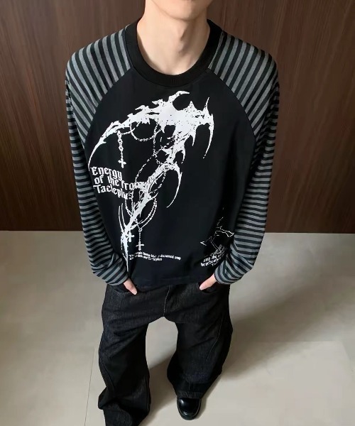 FreeZone（フリーゾーン）の「ゴシックプリント ボーダーラグラン長袖 T シャツ（Tシャツ/カットソー・レディース・ホワイト/ブラック・F）」の21枚目の写真