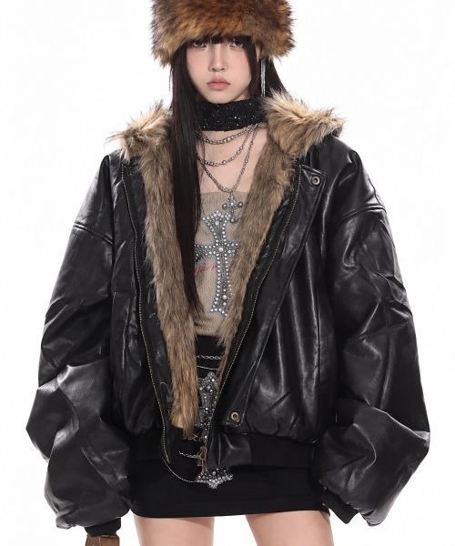 Teem Store(チームストア)の「【リバーシブル】フードファー フェイクレザージップブルゾン(ダウンジャケット/コート・レディース・ブラック・M)」の1枚目の写真