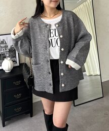バイカラースリーブパールボタンカーディガン