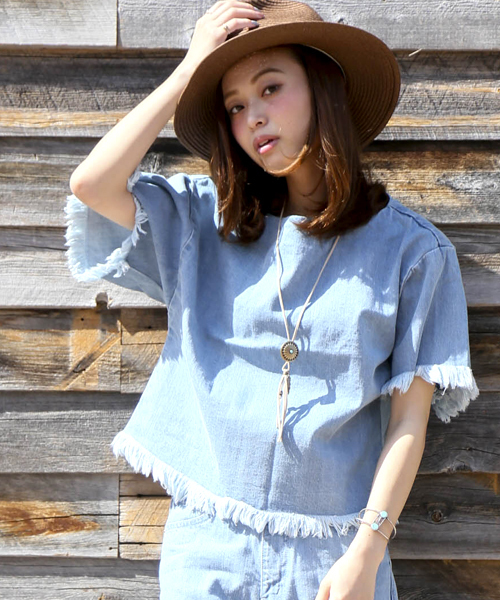 Denime(ドゥニーム)の「DENIM FRINGE TOPS/デニムフリンジトップス(Tシャツ/カットソー・レディース・インディゴブルー/ライトインディゴブルー・FREE)」の18枚目の写真