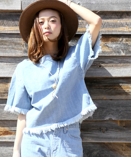 Denime(ドゥニーム)の「DENIM FRINGE TOPS/デニムフリンジトップス(Tシャツ/カットソー・レディース・インディゴブルー/ライトインディゴブルー・FREE)」の9枚目の写真